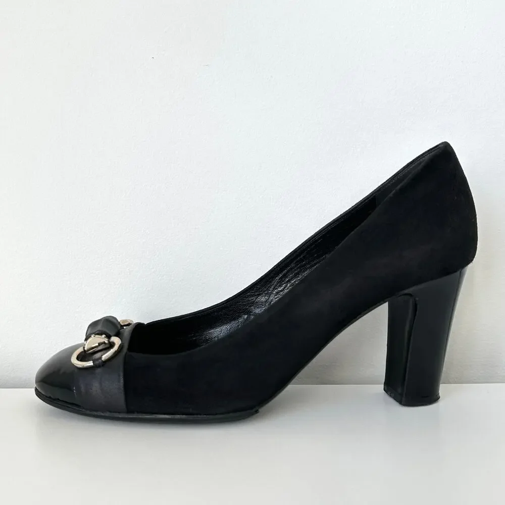 Gucci Classic Black Suede Pumps Bamboo Horsebit Cap Toe IT 39